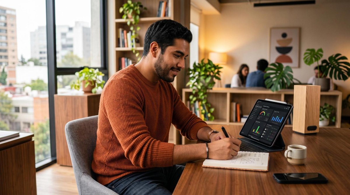 Adulto joven mexicano revisando su historial crediticio en una tablet mientras toma notas en una libreta, sentado en un espacio de trabajo contemporán