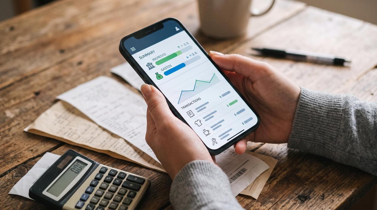 Primer plano de manos sosteniendo un teléfono inteligente que muestra una pantalla de aplicación bancaria con resumen de movimientos financieros, sobr