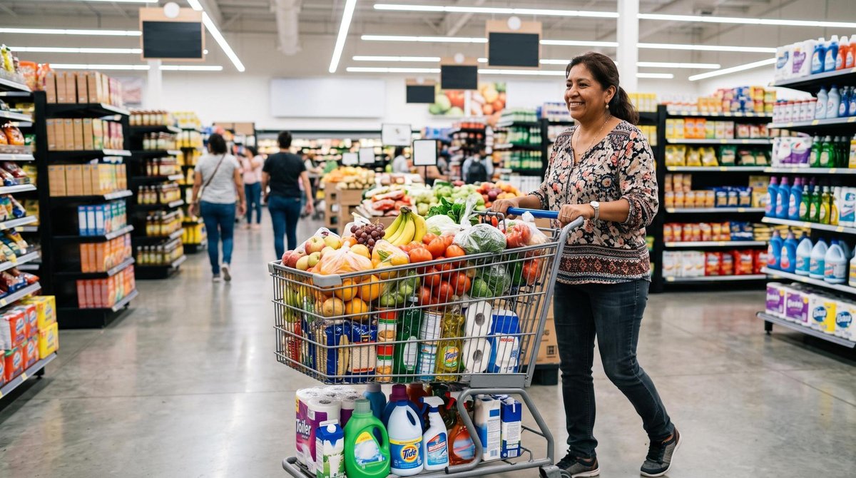Mujer adulta empujando un carrito de supermercado repleto de productos de despensa básica como frutas frescas, verduras y artículos de limpieza domést