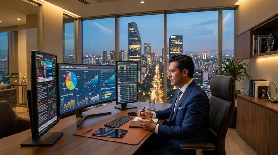 Persona revisando un portafolio de inversión diversificado en una laptop, con gráficas de distintas clases de activos en pantalla