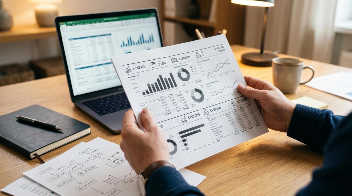 Primer plano de manos sosteniendo un documento con información financiera estructurada en secciones claras, sobre una mesa de trabajo con una computad