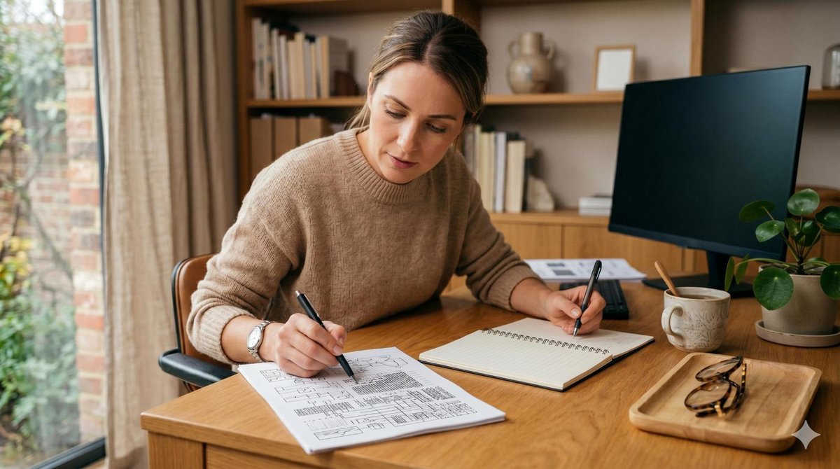 Persona apuntando con un bolígrafo a una sección específica de un documento impreso mientras toma notas en una libreta, escritorio ordenado con gafas