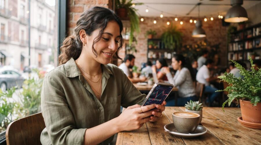 Persona revisando opciones de inversión pasiva en criptomonedas desde su celular