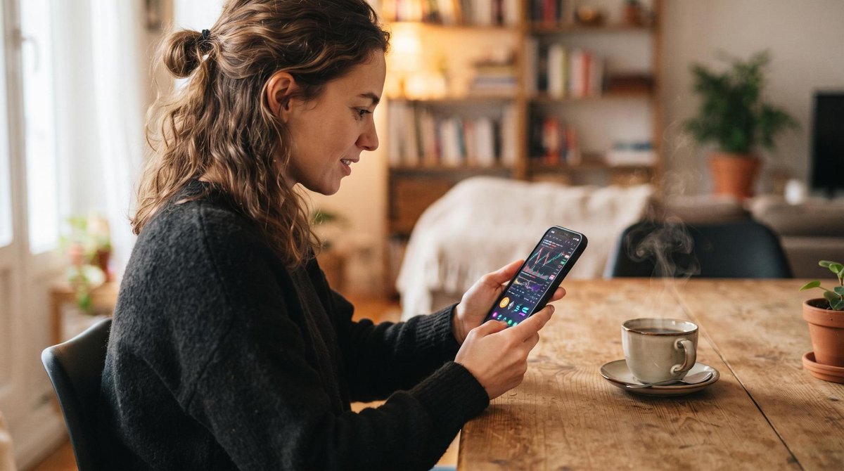 Vista lateral de una persona mirando su teléfono móvil sobre una mesa de madera con una taza de café humeante, la pantalla muestra una interfaz de apl