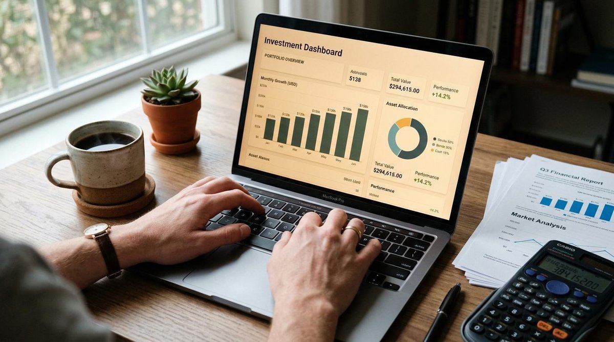 Primer plano de manos tecleando en una laptop sobre un escritorio ordenado con una taza de café, documentos y una calculadora, la pantalla muestra un