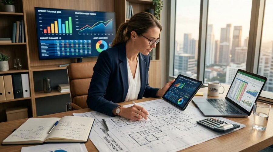 Persona revisando opciones de inversión inmobiliaria en una laptop con documentos financieros sobre la mesa.