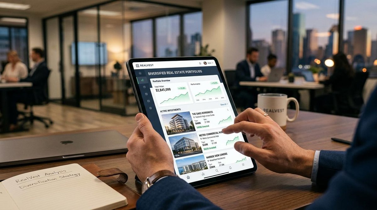 Persona revisando una plataforma de inversión digital en una tablet que muestra portafolios inmobiliarios diversificados.