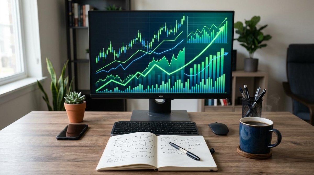 Pantalla de computadora mostrando gráficas financieras con tendencias ascendentes en tonos verdes y azules, acompañada de una libreta con anotaciones