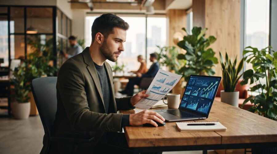 Persona revisando opciones para invertir en startups desde su laptop en una oficina en México