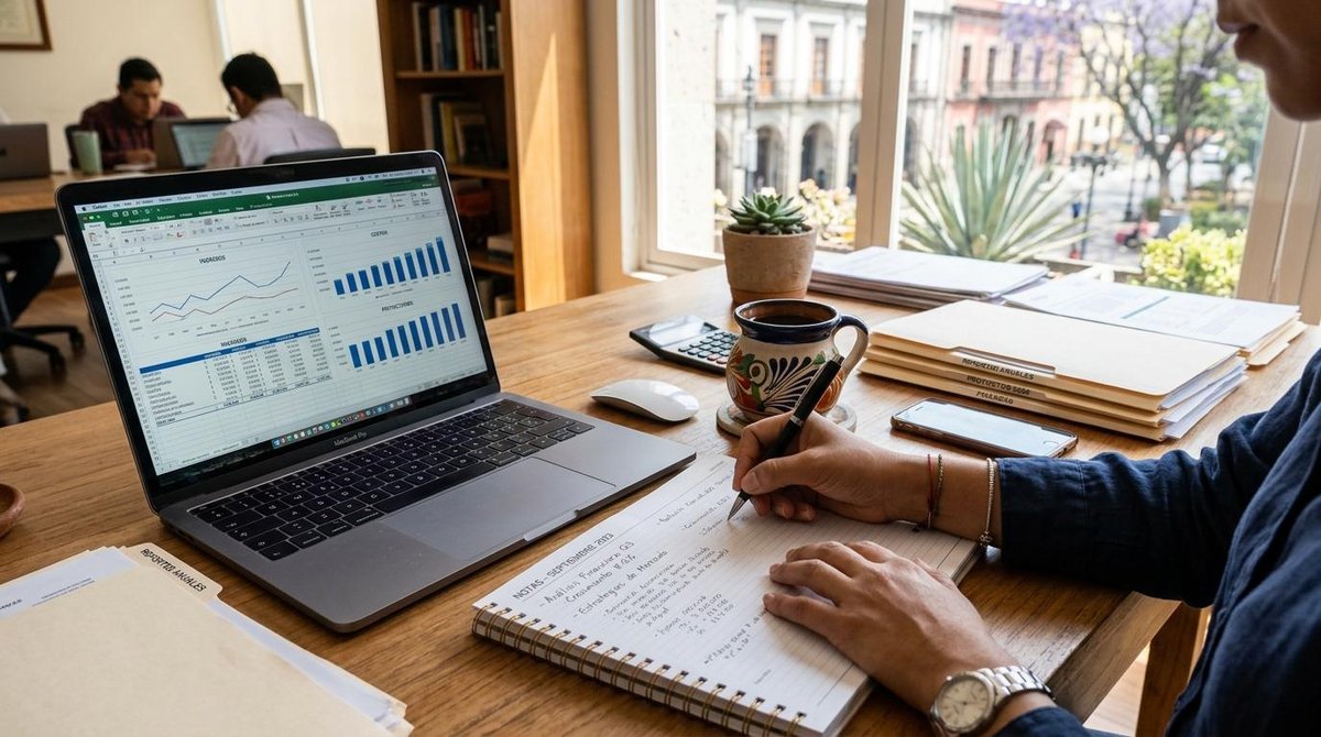 Manos de una persona escribiendo notas sobre una mesa de trabajo con una laptop abierta mostrando datos financieros, junto a una taza de café y docume