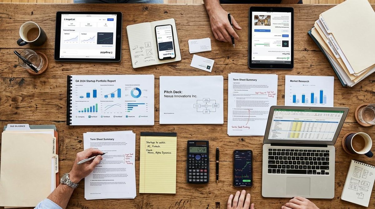 Vista superior de una mesa de reuniones con varios dispositivos móviles y tablets mostrando diferentes plataformas de inversión, documentos financiero