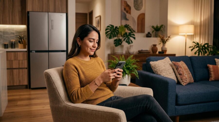 Persona revisando opciones para parcelar muebles y electrodomésticos con crédito en su teléfono celular