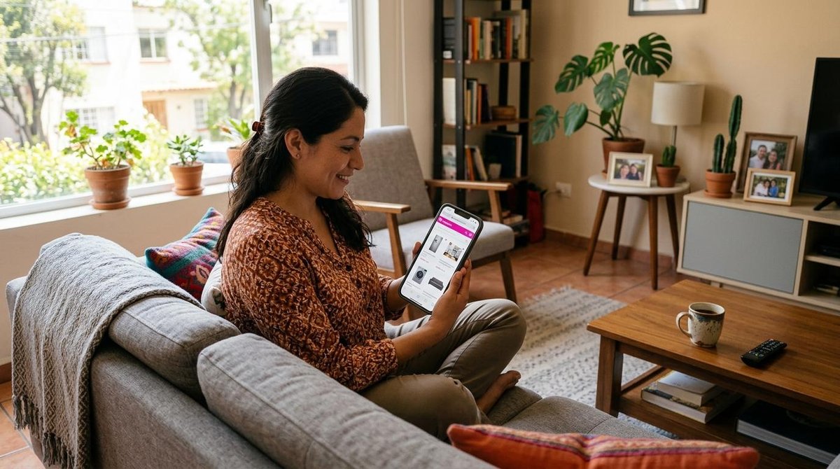 Una mujer mexicana sentada en el sofá de su sala navega tranquilamente en su smartphone buscando muebles y electrodomésticos, con luz natural entrando