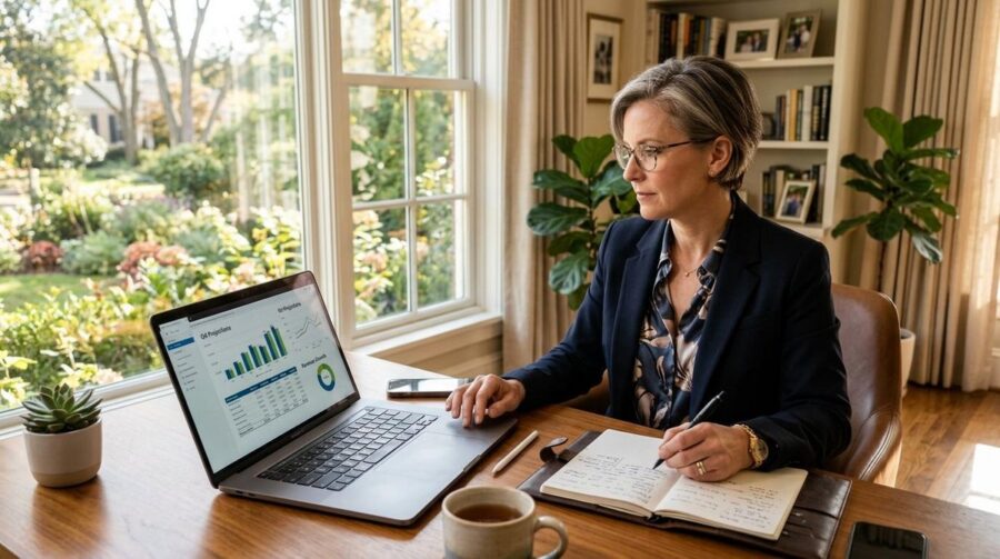 Persona revisando proyecciones financieras en una laptop para planear su jubilación anticipada de alto nivel