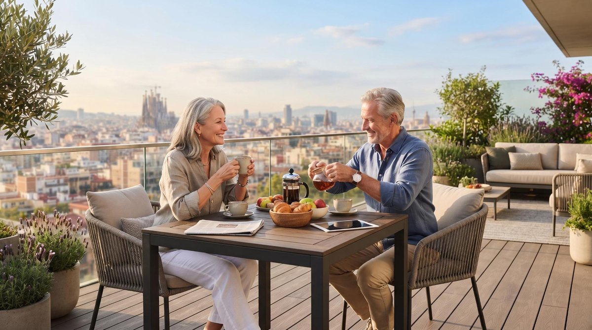 Una pareja madura disfrutando de una mañana tranquila en una terraza moderna con vista a la ciudad, representando el estilo de vida confortable y la l