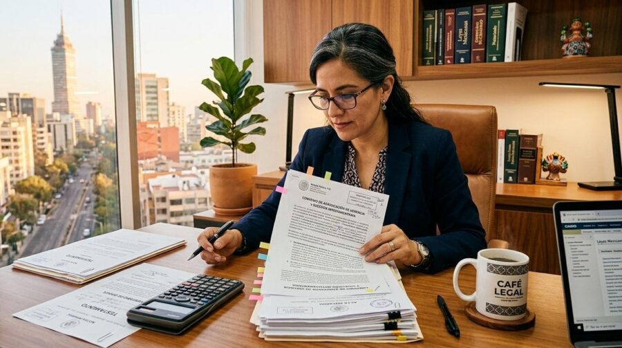 Persona revisando documentos de herencia y trámites fiscales sobre un escritorio con papeles y una computadora