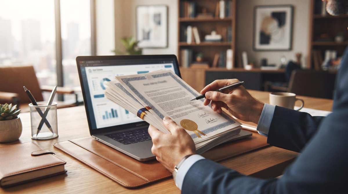 Manos sosteniendo documentos notariales y escrituras frente a una computadora portátil abierta, ambiente de oficina profesional con tonos cálidos y or
