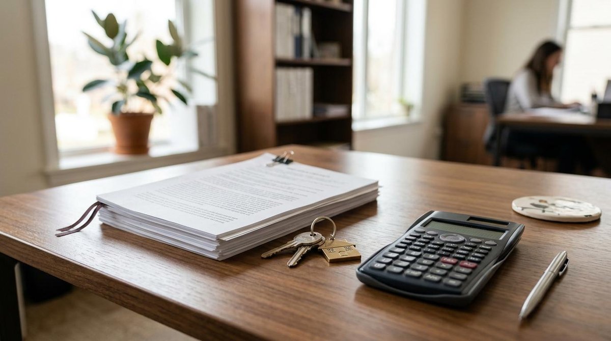 Escritorio ordenado con documentos de propiedad inmobiliaria, llaves de casa y calculadora financiera, fondo difuso de oficina notarial con luz natura