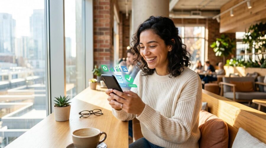 Persona revisando una solicitud de tarjeta de crédito en su teléfono celular con score crediticio bajo
