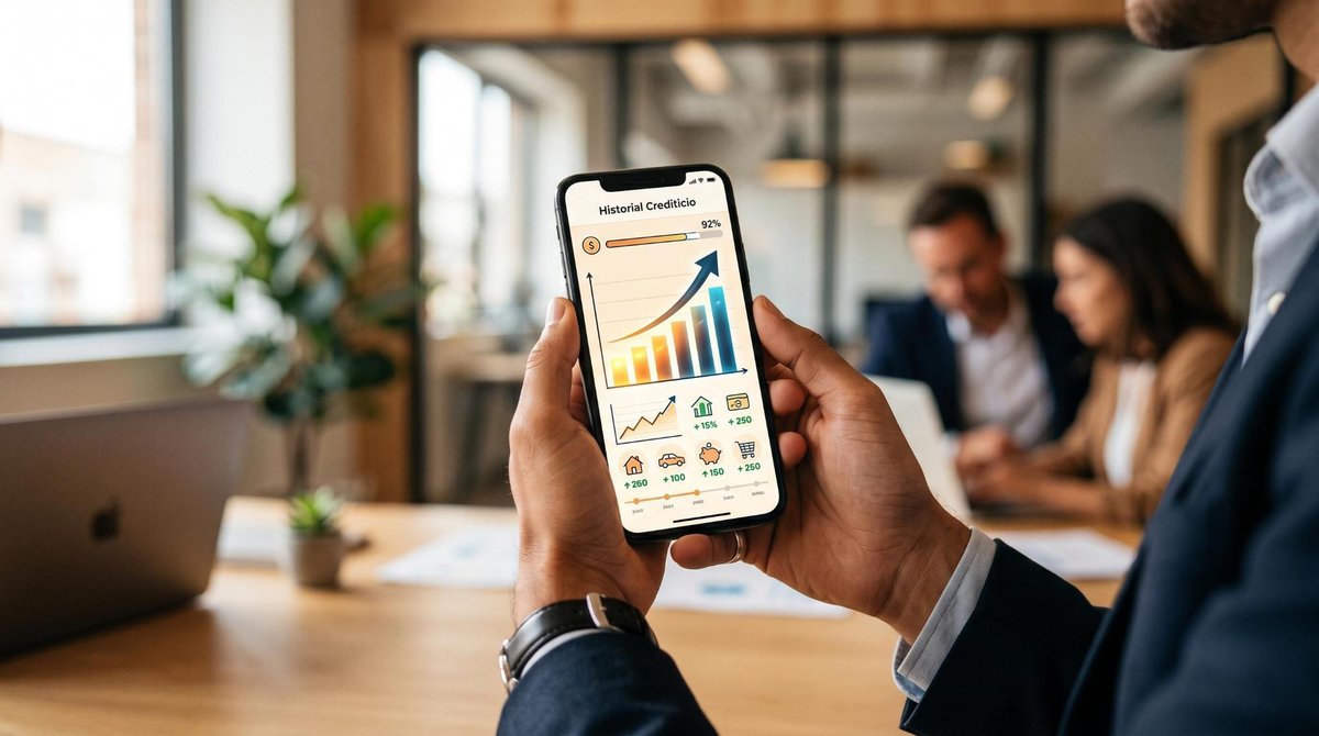 Manos sosteniendo un smartphone que muestra una pantalla de historial crediticio en construcción, con elementos visuales que sugieren crecimiento y pr