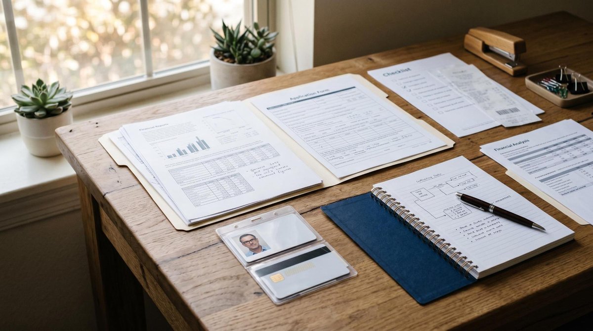 Documentos financieros organizados sobre una mesa de trabajo, incluyendo identificación oficial y papeles de solicitud, con iluminación natural suave