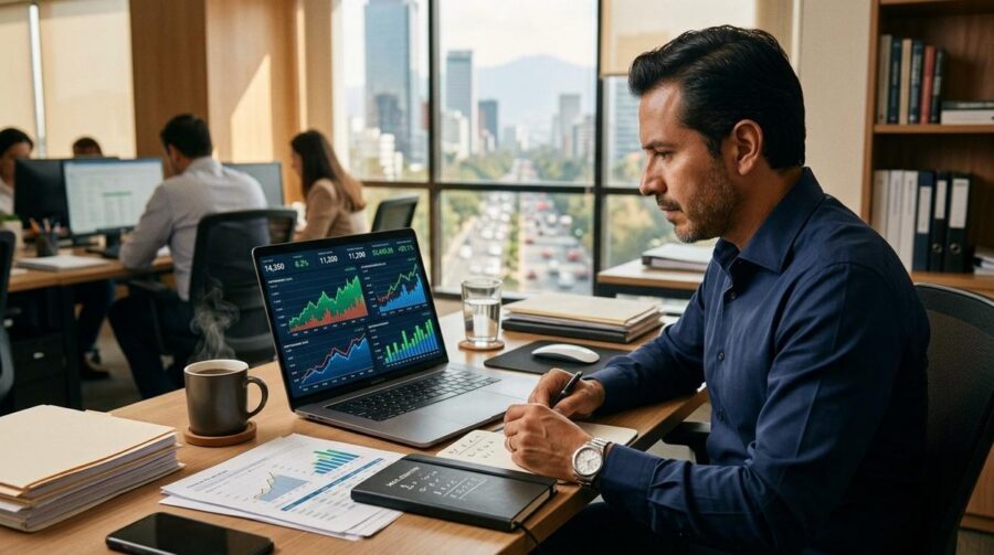 Persona revisando el calendario de dividendos de acciones mexicanas en una laptop con gráficas financieras en pantalla