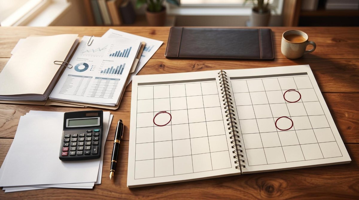 Calendario de escritorio abierto con fechas importantes marcadas en círculo, rodeado de documentos financieros, una calculadora y una pluma sobre una