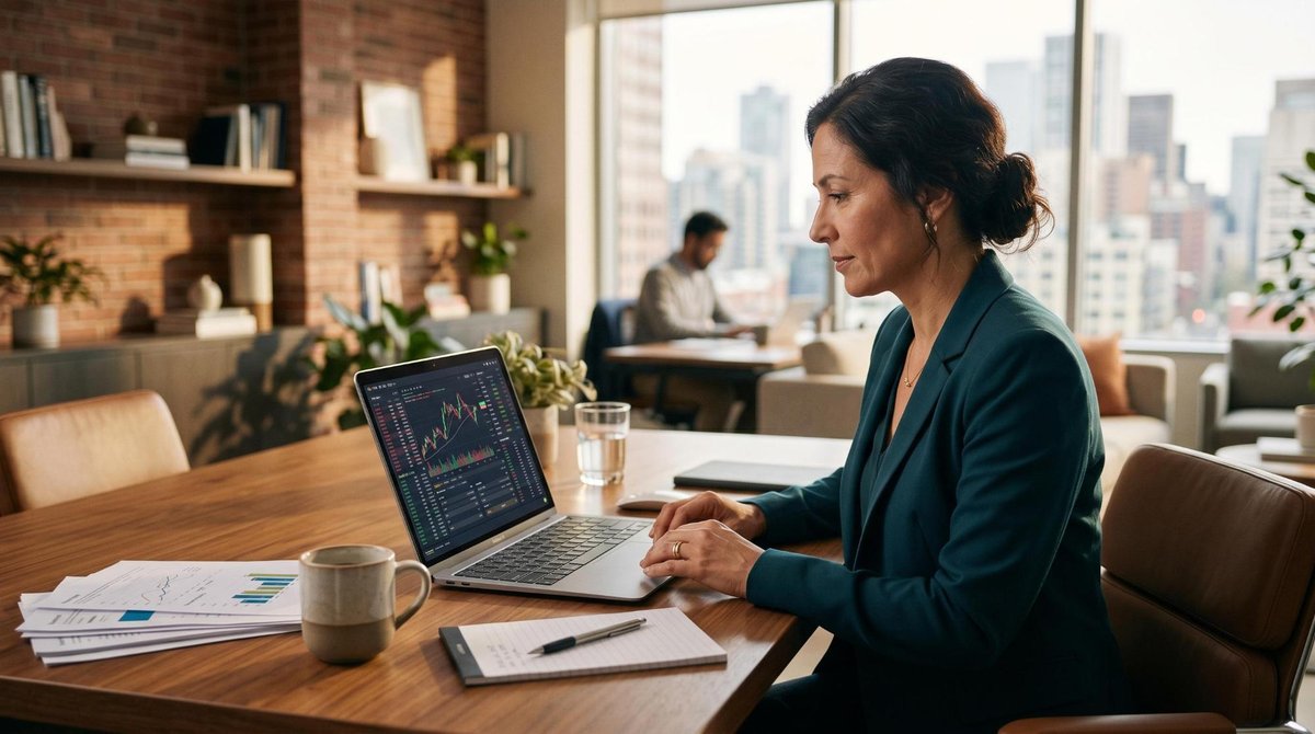 Persona profesional analizando gráficas de inversión en una laptop en una oficina moderna con luz natural, con documentos financieros sobre el escrito