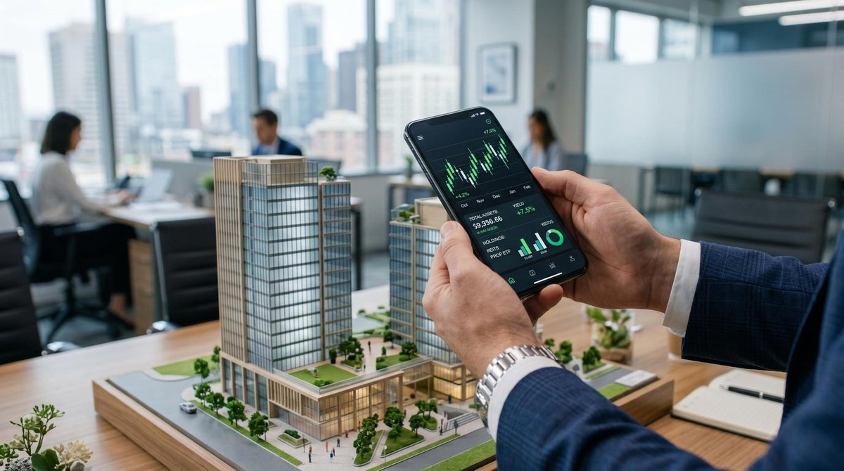 Manos sosteniendo un smartphone que muestra gráficos de inversión frente a una maqueta arquitectónica de un edificio comercial, representando la inver