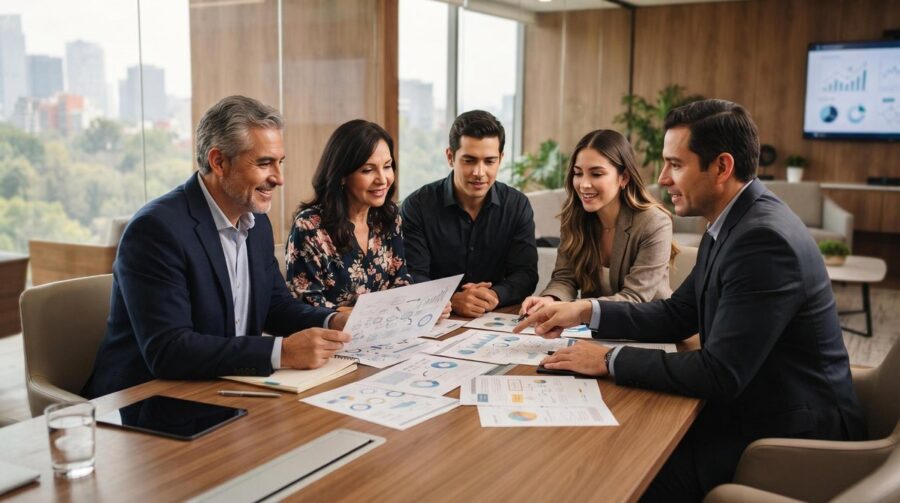Familia revisando documentos de estructuración de patrimonio familiar alrededor de una mesa de trabajo