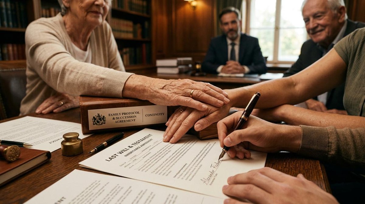 Personas de diferentes generaciones de una familia colocadas sobre una mesa con documentos de sucesión patrimonial y protocolo familiar.