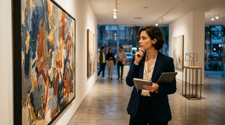 Persona analizando una obra de arte en una galería mexicana mientras evalúa opciones de inversión en arte