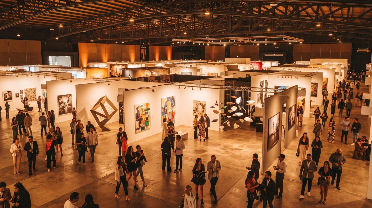 Vista amplia de una feria de arte contemporáneo en la Ciudad de México, con stands elegantes y visitantes apreciando diversas obras en un ambiente ilu