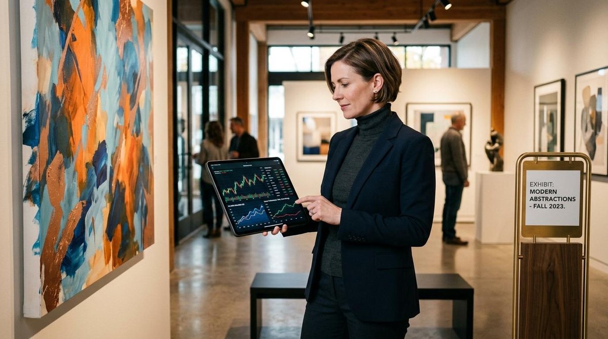 Inversionista analizando gráficos financieros en una tablet mientras observa obras de arte en una galería, fusionando el análisis de portafolio con la