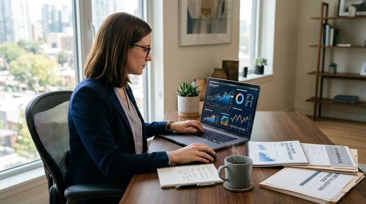 Persona analizando gráficos financieros en una computadora portátil desde un ambiente moderno con luz natural, con una taza de café al lado y document