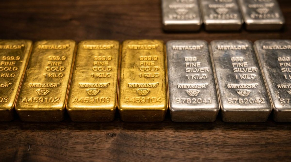 Primer plano de lingotes de oro y barras de plata colocados uno junto al otro sobre una superficie profesional, con iluminación cálida que destaca las
