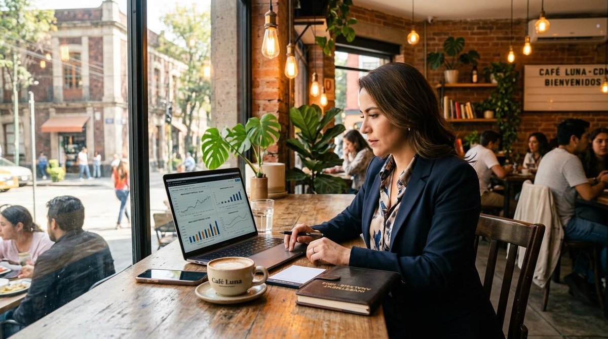 Persona profesional revisando oportunidades de inversión en una laptop dentro de una cafetería contemporánea de la Ciudad de México, con luz natural e