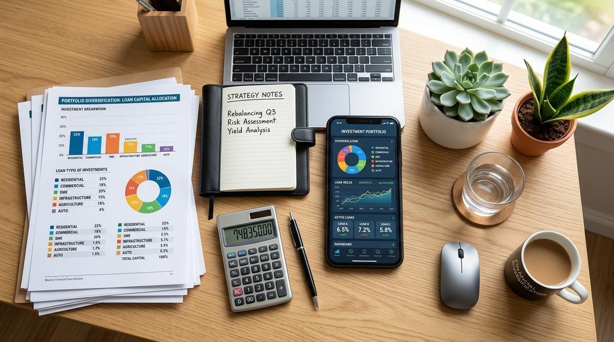 Vista superior de una mesa de trabajo organizada con documentos financieros, calculadora, smartphone mostrando gráficos de inversión y plantas decorat