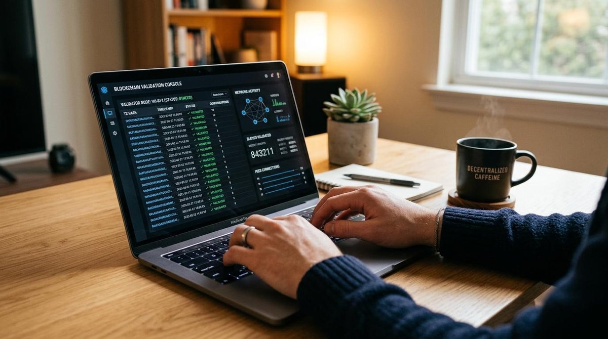 Manos escribiendo en el teclado de una laptop con pantalla que muestra interfaces de validación de transacciones blockchain, entorno de trabajo minima