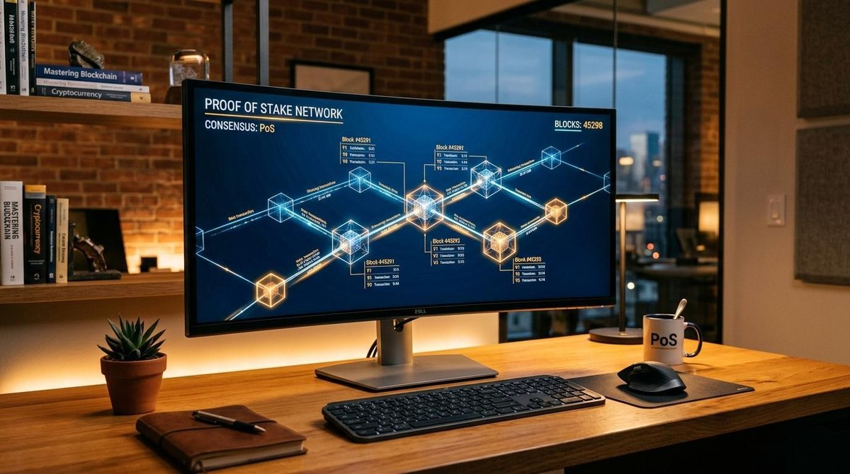 Monitor de computadora mostrando representaciones visuales abstractas de bloques de cadena conectados en una red Proof of Stake, sobre un escritorio m