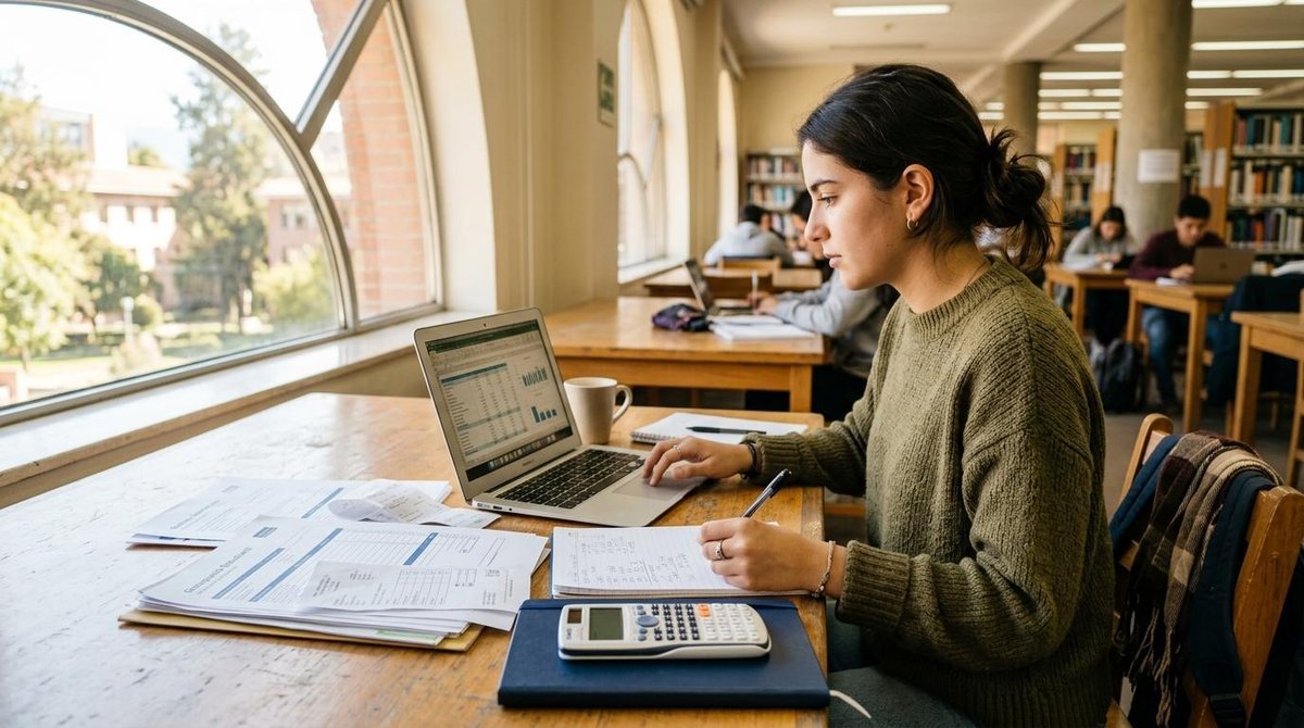 Joven estudiante universitaria trabajando en una laptop con documentos financieros y una calculadora sobre una mesa de estudio en una biblioteca, con