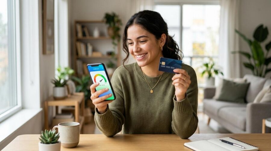 Persona revisando su estado de cuenta de tarjeta de crédito en un teléfono celular para mejorar su score crediticio