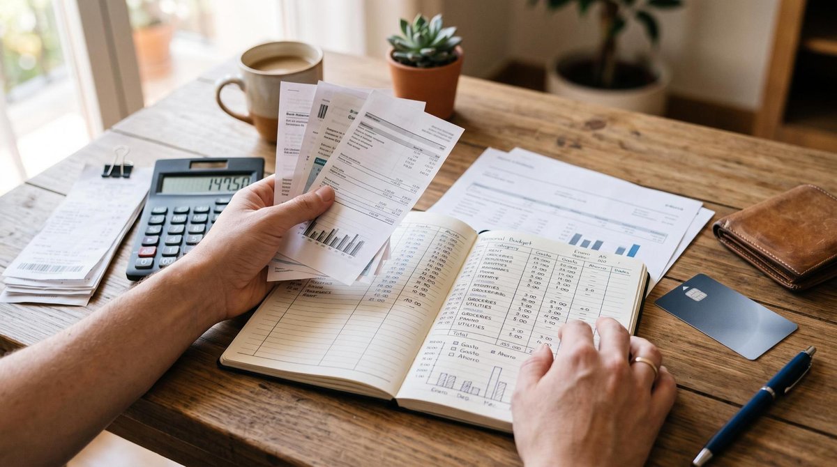 Manos organizando documentos financieros junto a una calculadora y una tarjeta de crédito sobre una mesa, con un cuaderno de presupuesto abierto, most