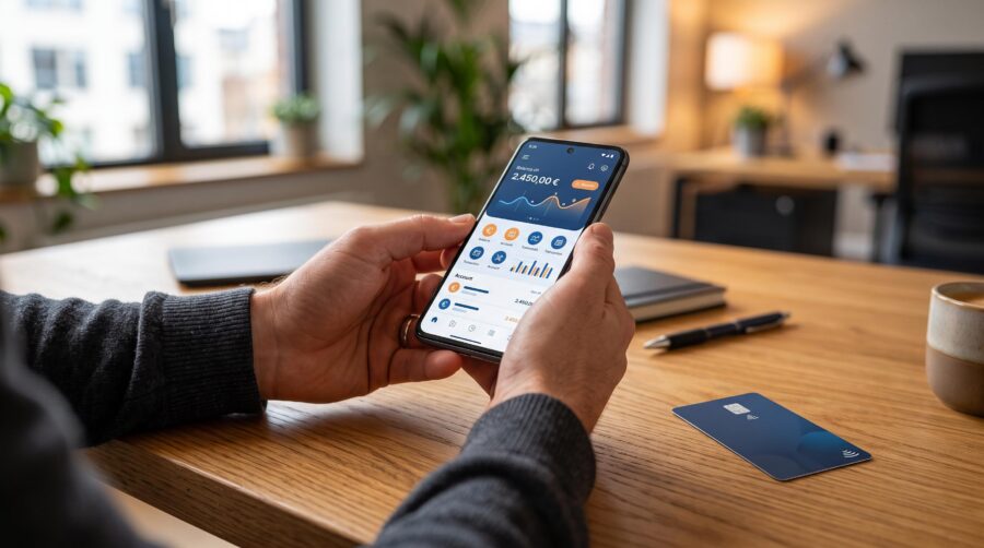 Persona sosteniendo su teléfono celular mientras bloquea temporalmente su tarjeta bancaria desde una app