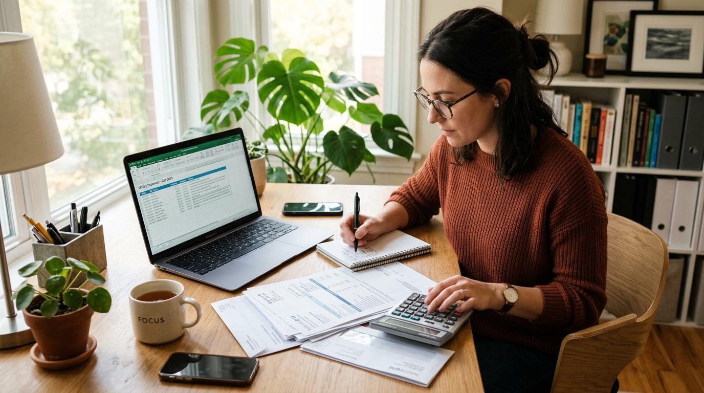 Persona usando calculadora y escribiendo en cuaderno junto a laptop con hojas de cálculo en escritorio
