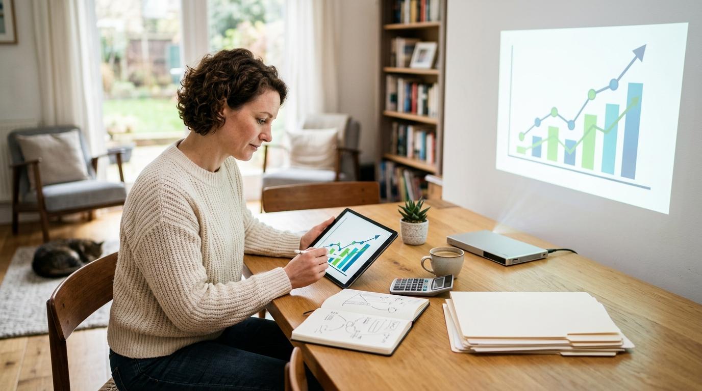 Persona sentada en escritorio analizando gráficos en tablet mientras proyector muestra datos en pared
