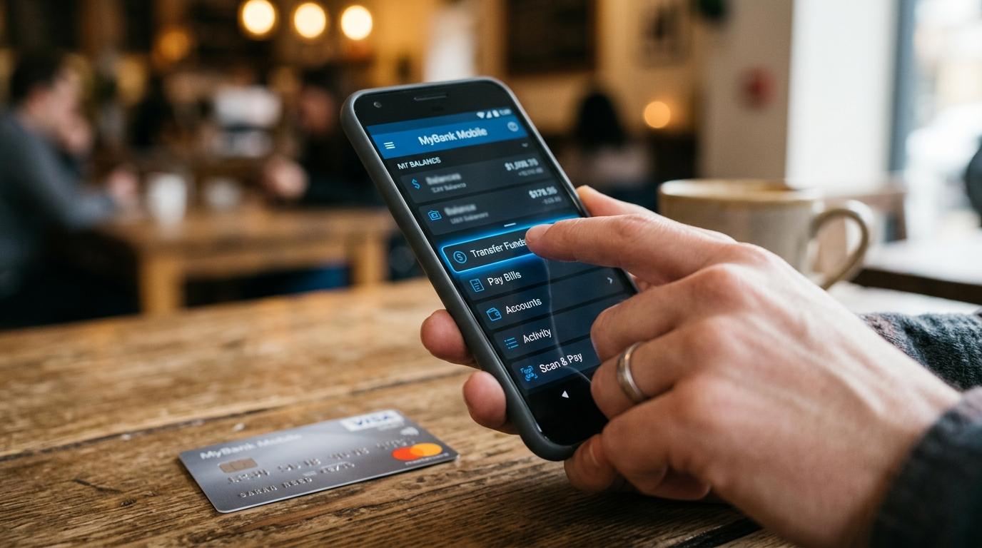 Primer plano de una mano seleccionando opciones en una aplicación móvil de banca, con una tarjeta plástica visible en segundo plano y fondo difuminado
