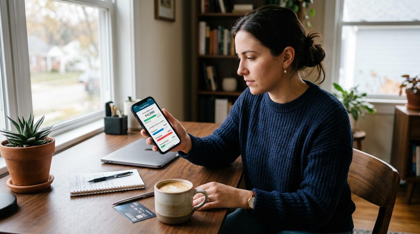Persona sentada en escritorio revisando finanzas en teléfono móvil junto a taza de café y portátil

