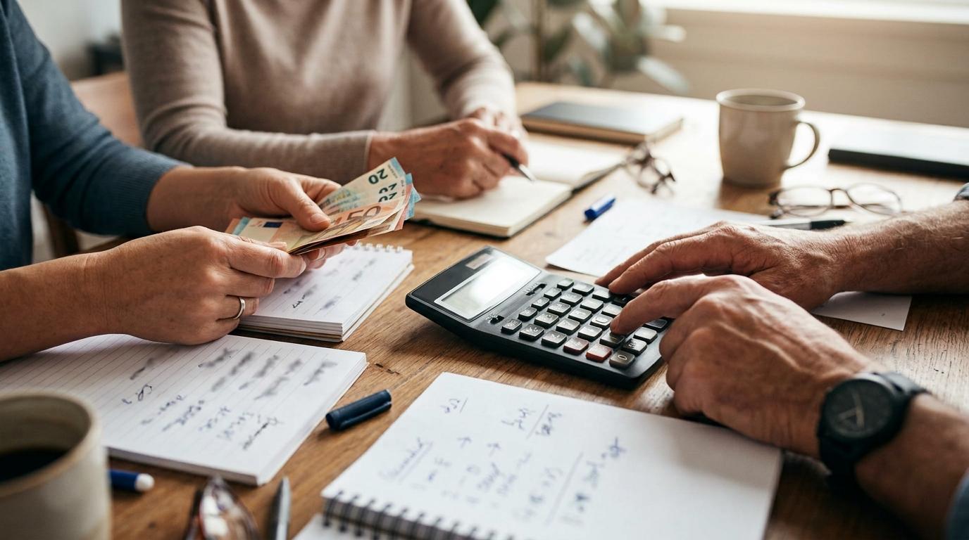 Tres personas sentadas en mesa de madera contando billetes, usando calculadora y escribiendo en cuadernos con bolígrafos
