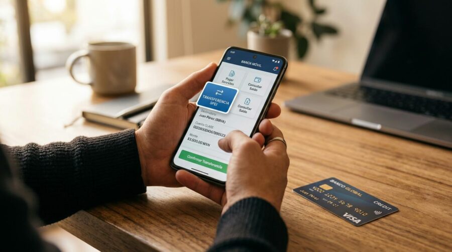 Persona revisando opciones de transferencia SPEI en la app de su banco desde un teléfono celular